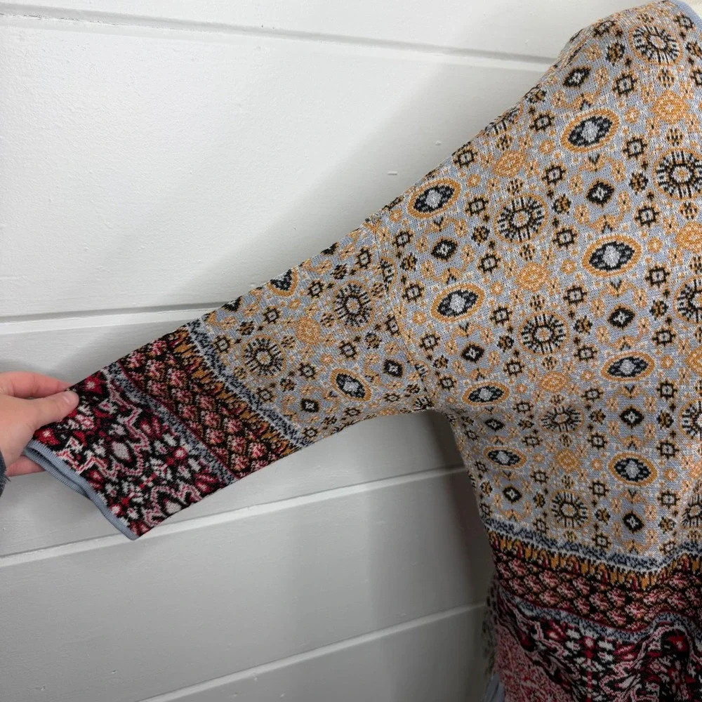 J Jill Large Linen Cotton Knit Sweater 3/4‎ Sleeve Boho Lagenlook Geometric